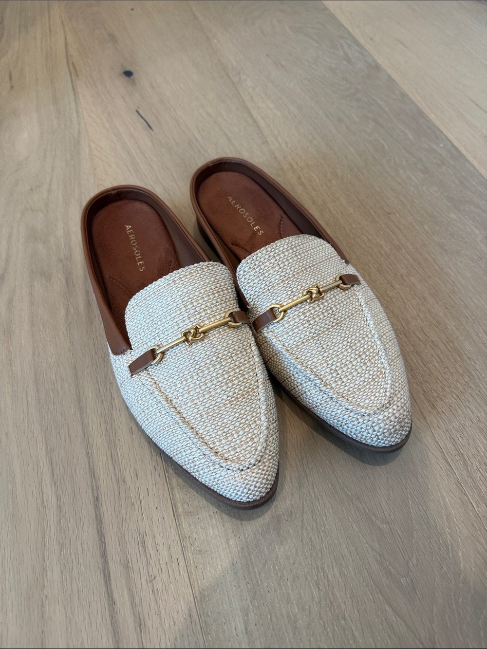 AEROSOLES Cream Woven Pointed-Toe Mule with Gold Bit